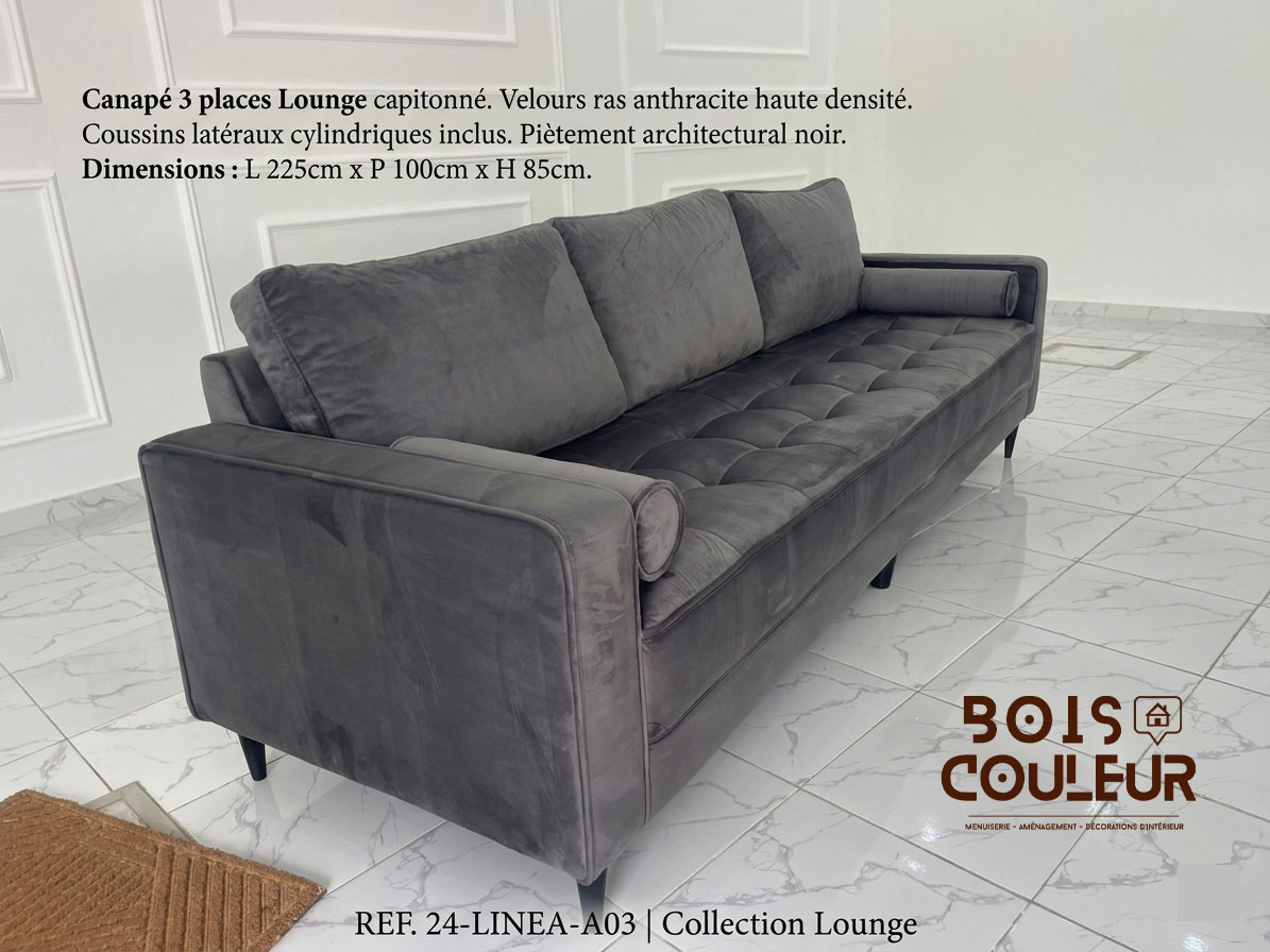 Canapé 3 Places Lounge – Velours Anthracite Capitonné