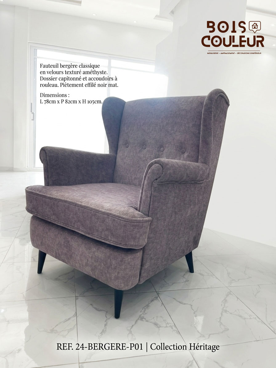 Fauteuil Bergère Classique – Velours Améthyste
