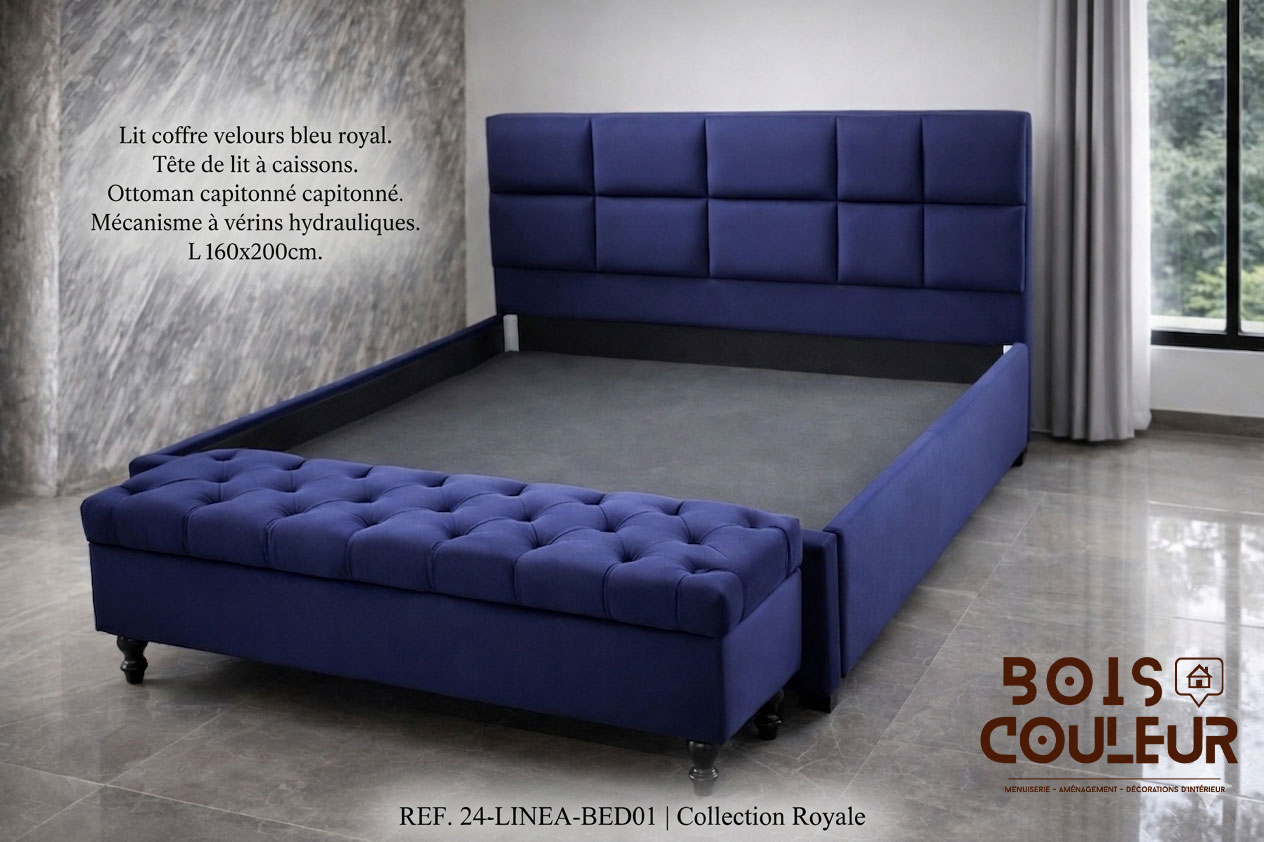 Lit coffre capitonné Royale – Velours Bleu Royal