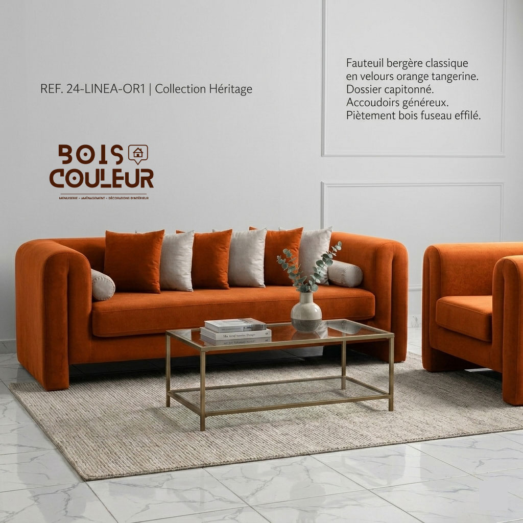 Fauteuil Bergère – Velours Orange Tangerine