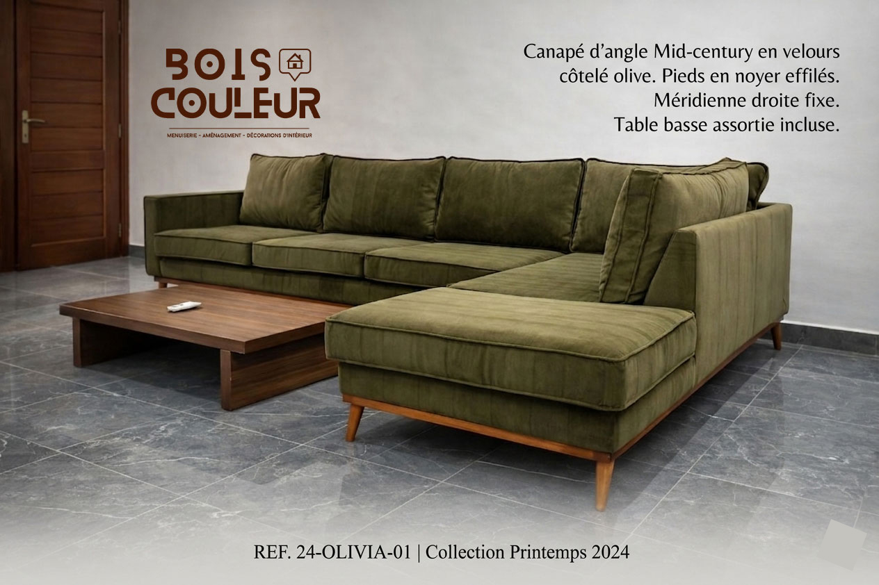 Canapé d'Angle Mid-Century – Velours Côtelé Olive