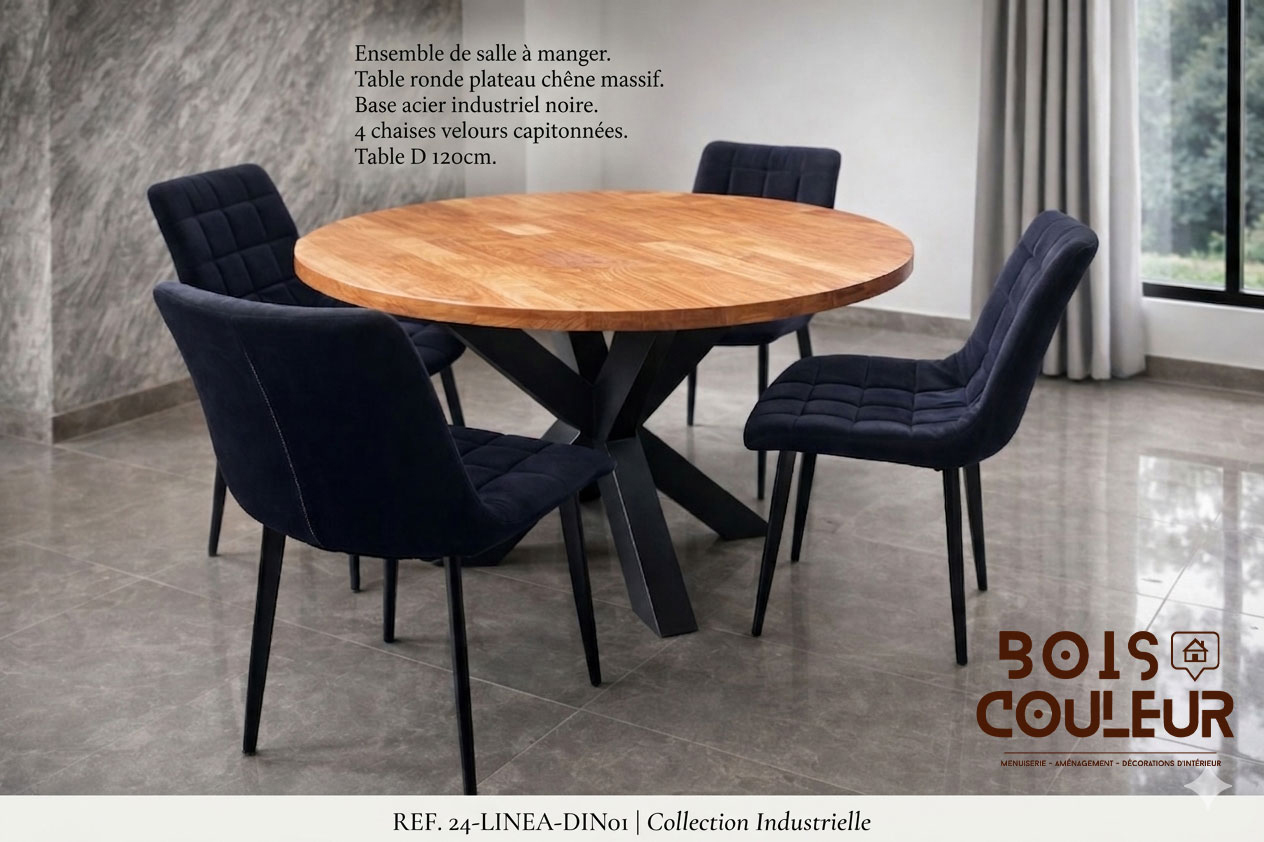 Ensemble Salle à Manger Industriel – Table Ronde Chêne & Chaises Velours
