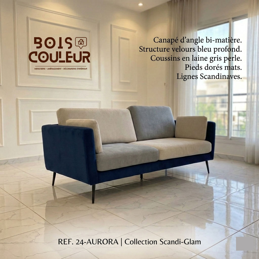 Canapé Bi-Matière Scandi-Glam – Velours Bleu & Laine Gris Perle