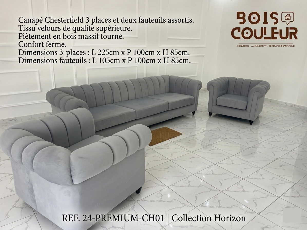 Salon Chesterfield 3+1+1 – Velours Gris Perle