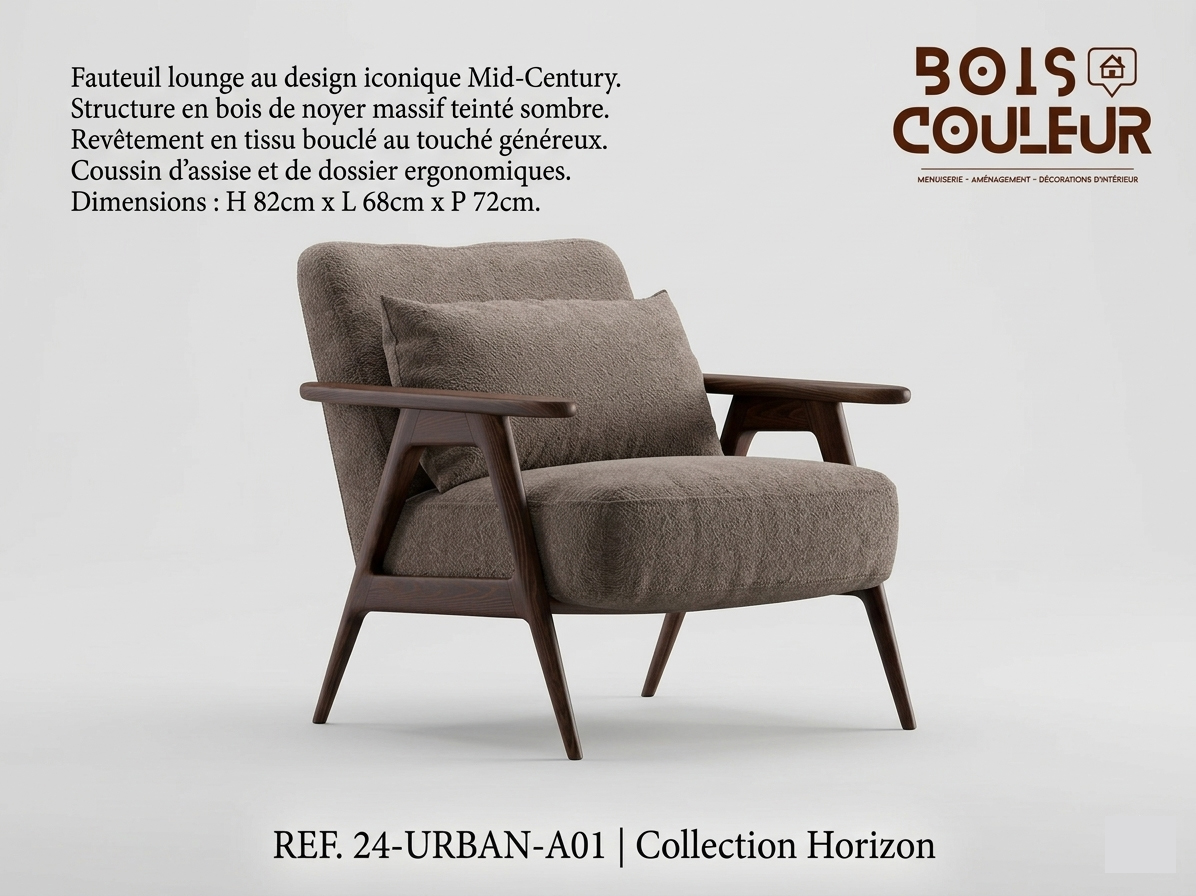 Fauteuil Lounge Mid-Century – Tissu Bouclé & Noyer Massif