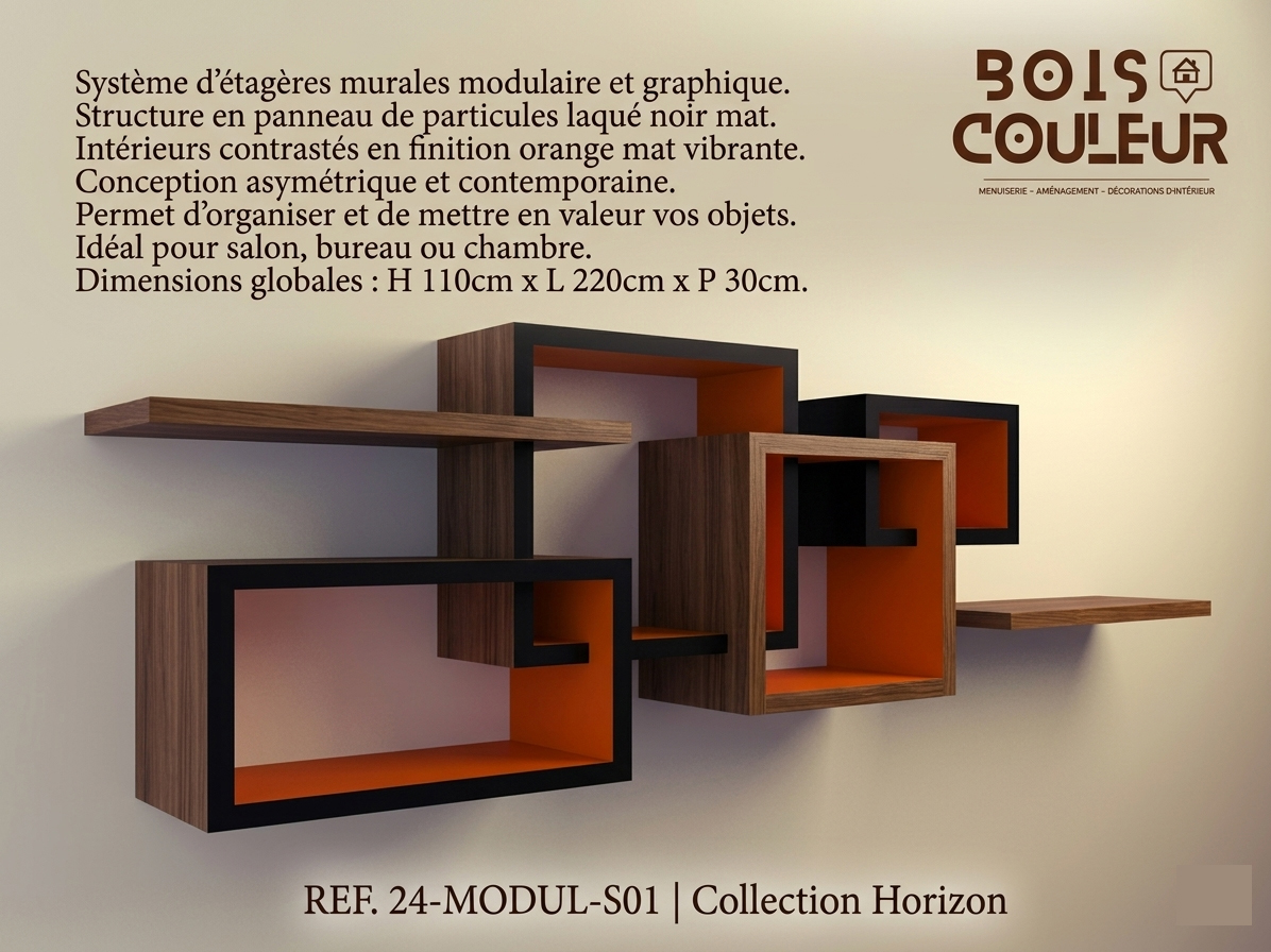 Système d'Étagères Murales Modulaires – Noir Mat & Orange