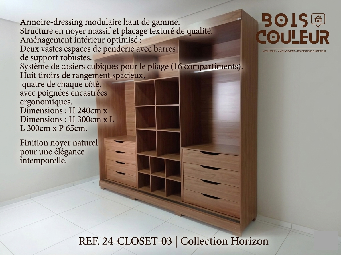 Armoire-Dressing Haut de Gamme – Noyer Massif & 8 Tiroirs
