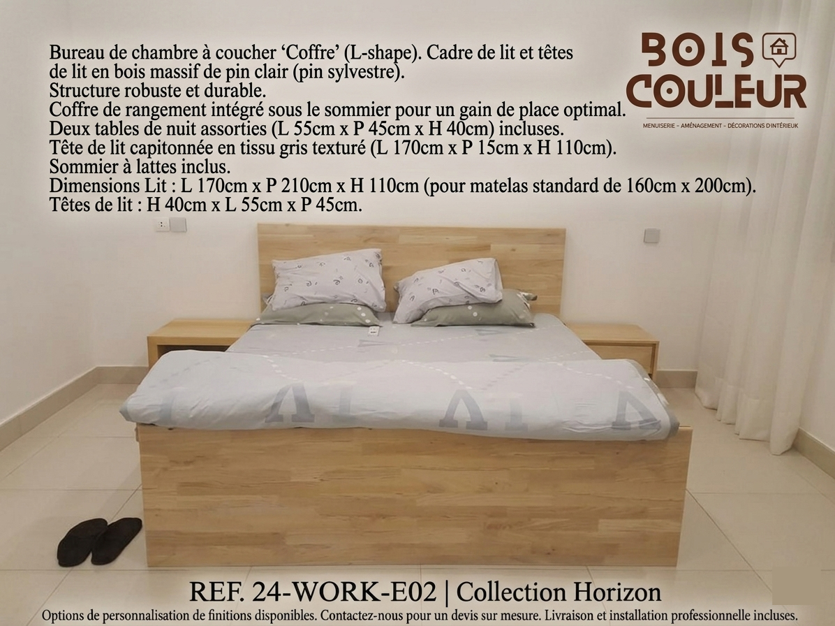 Lit Coffre Rangement – Pin Sylvestre & Tête Capitonnée Grise