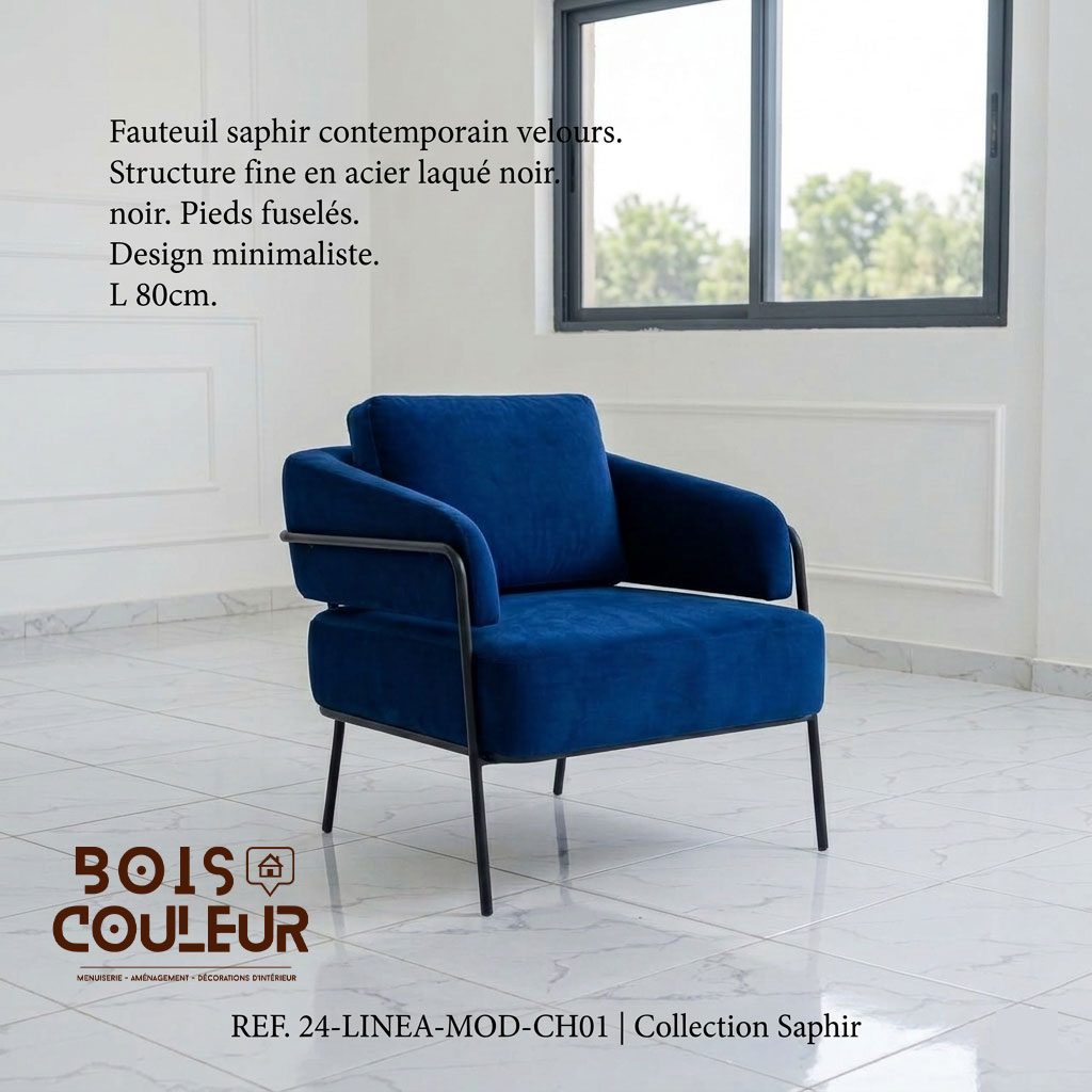 Fauteuil Saphir Contemporain – Velours & Acier Noir