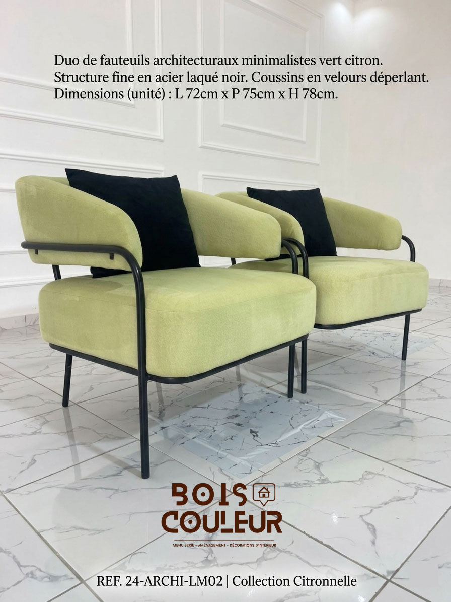 Duo de Fauteuils Architecturaux – Velours Vert Citron