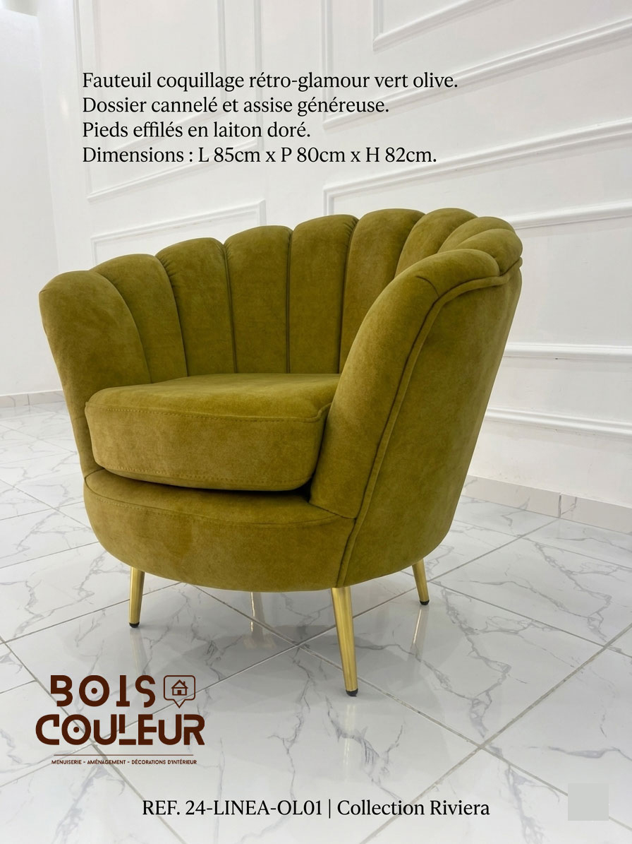 Fauteuil Coquillage Rétro-Glamour – Velours Vert Olive